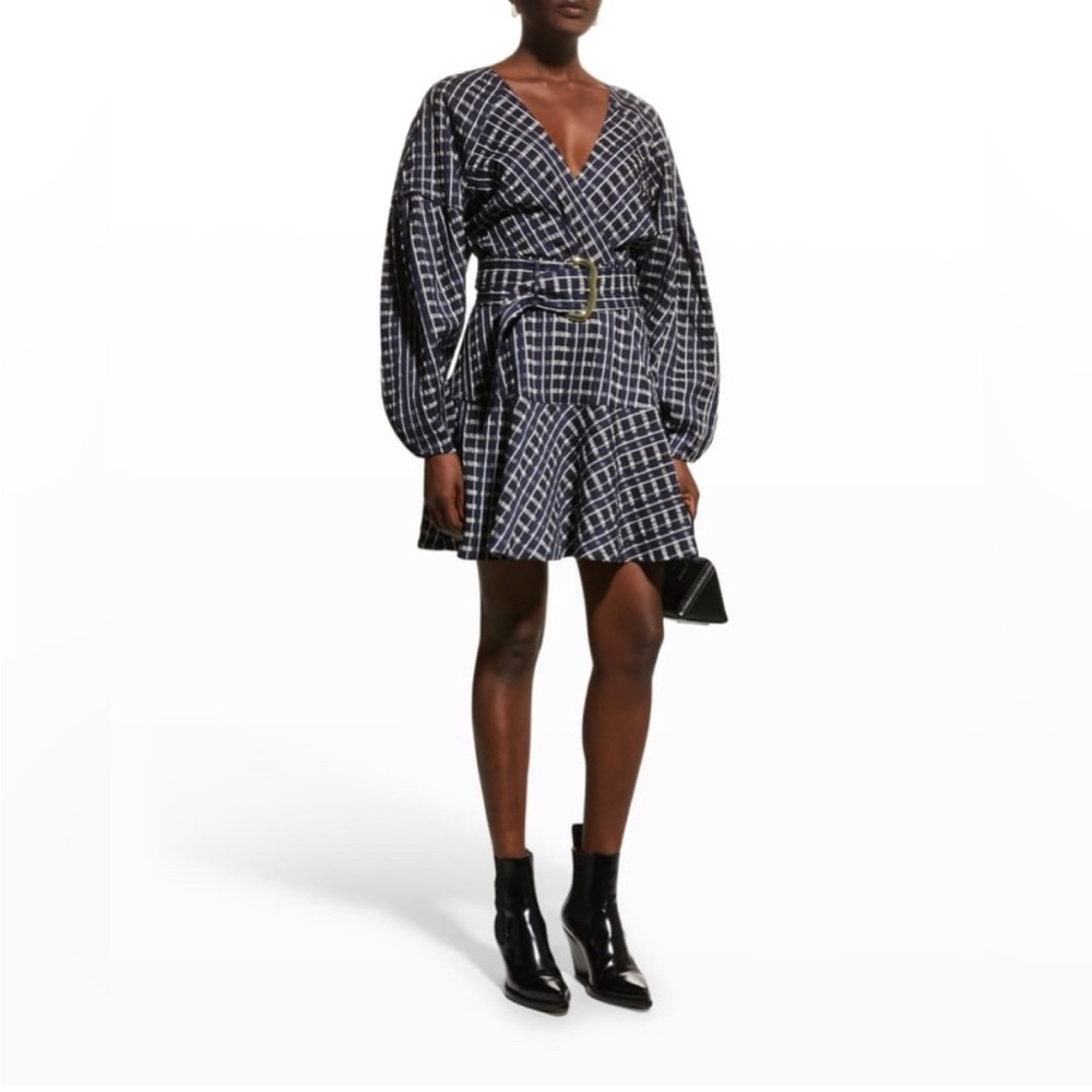 Tanya Taylor Nicola Puff-Sleeve Belted Check Mini Dress